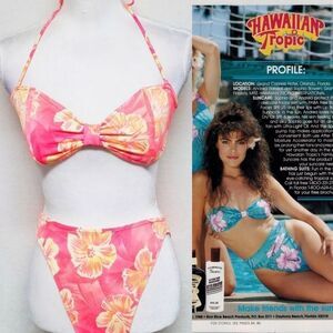Windmills Vintage 80s Neon Pink Orange Hawaiian Floral High Waist Halter Bikini